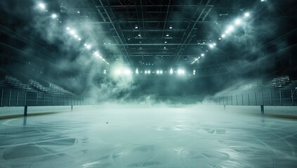 High-Resolution Ice Hockey Rink with Dark Background, Smoke, Fog, and Stadium Lights, Captured in Wide Angle for High Detail and Quality