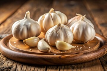 Freshly peeled garlic cloves arranged artfully on a rustic wooden plate, glistening with dew, against a blurred light brown background, evoking a sense of culinary simplicity.