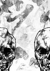 モノクロのスカルデザインの水彩テクスチャ背景