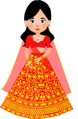 Fototapeta premium elegant Indian bride wearing traditional wedding dress lehnga choli in cartoon style for wedding invitation cards 