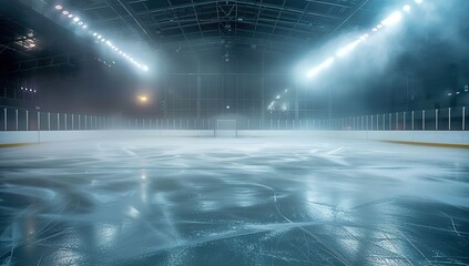 High-Resolution Ice Hockey Rink with Dark Background, Smoke, Fog, and Stadium Lights, Captured in Wide Angle for High Detail and Quality