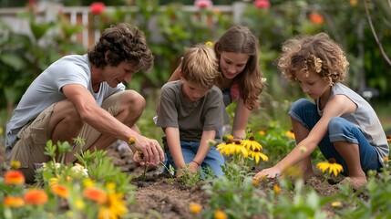 Parents and kids planting flowers in a garden, engaging in outdoor gardening activities