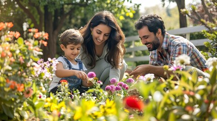 Parents and kids planting flowers in a garden, engaging in outdoor gardening activities