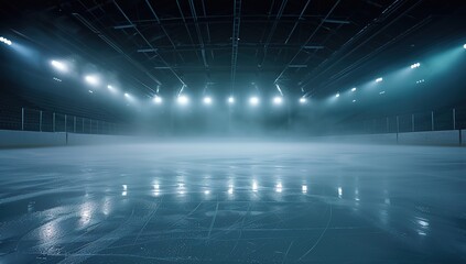 High-Resolution Ice Hockey Rink with Dark Background, Smoke, Fog, and Stadium Lights, Captured in Wide Angle for High Detail and Quality