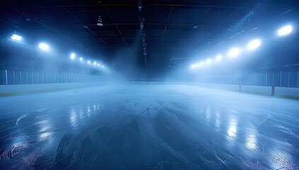 High-Resolution Ice Hockey Rink with Dark Background, Smoke, Fog, and Stadium Lights, Captured in Wide Angle for High Detail and Quality