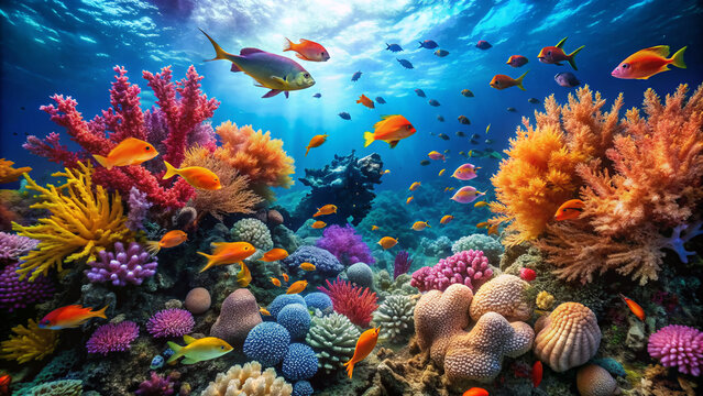 Vibrant coral reef scene with scuba diving equipment, oxygen tanks, and colorful fish swimming in crystal-clear turquoise water surrounded by seaweed and sea fans.