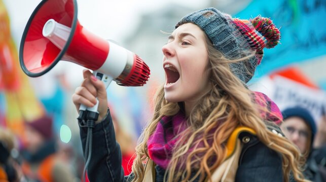 Young adult female campaigner shouting at a demonstration