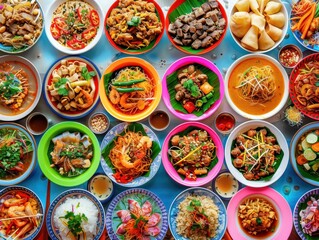 Thai street food assortment in colorful dishes, vibrant flavors, food flat lay, commercial use