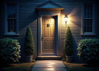 A dark and ominous night scene shows a residential front door with a spotlight shining down, hinting at an intruder's possible presence outside.