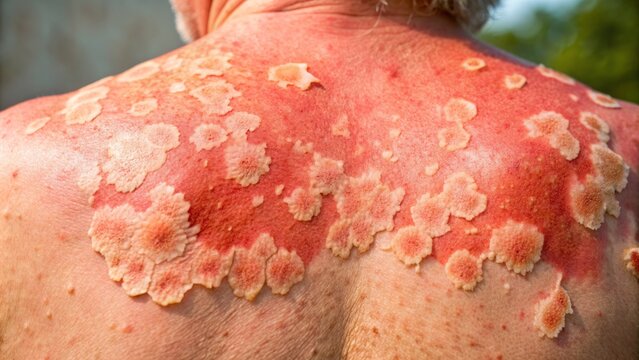 Close-up of severely sunburned skin with peeling, redness, and blistering, emphasizing the risks of skin damage and cancer from prolonged UV radiation exposure.