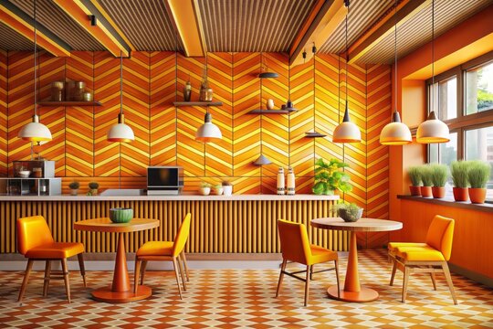 Fototapeta Vibrant retro-inspired coffee shop with bold orange and yellow hues, geometric patterns, and sleek wooden accents, awaiting customers in a trendy 70s-style setting.
