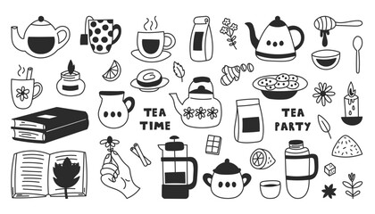 Cozy Tea Doodles Set. Large collection of hot drinks hand drawn elements. Food Beverage Cups and Ingredients. Hygge Vector illustration