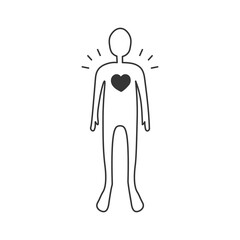 Human Body Silhouette with Heart Doodle. Hand drawn contour with love symbol and shine. Health Kindness Icon. Isolated vector illustration.