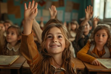 Fototapeta premium Enthusiastic Elementary School Students Raising Hands in Classroom
