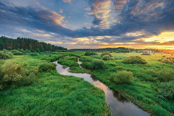 Obraz premium A river runs through a lush green field with trees in the background