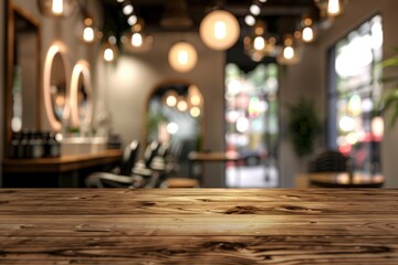 empty brown wooden tabletop for product display on blurred beauty and hair salon interior background - generative ai