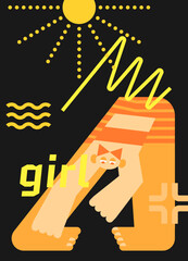 Summer trendy poster. Card on a black background with a character. Vibrant abstract illustration on the theme of vacation and recreation.