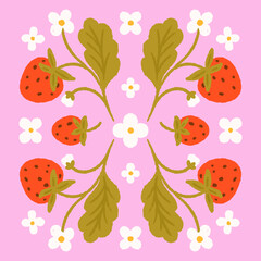 Flat vector illustration isolated on pink background. Strawberry cute illustration. Symmetrical design. Design for greeting card, poster, fabric.