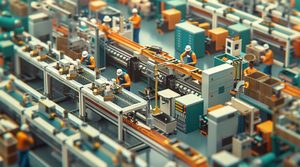 A bustling factory floor with more than workers operating assembly lines, checking products, and managing equipment