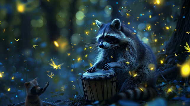 A raccoon with a small drum set, drumming away energetically in a clearing, surrounded by fireflies and other nocturnal animals enjoying the impromptu concert