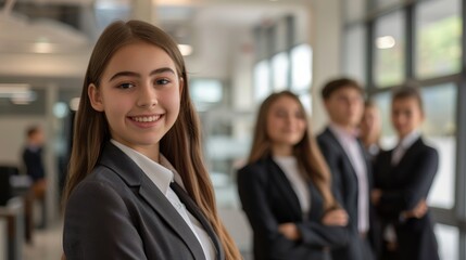 A diverse new business of young girls smiling at the camera, standing together in a startup environment.