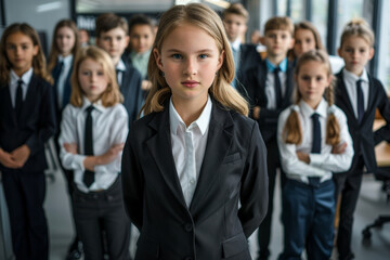 A group of children dressed in business attire standing confidently in an office setting. Their serious expressions and professional appearance emphasize ambition and leadership.