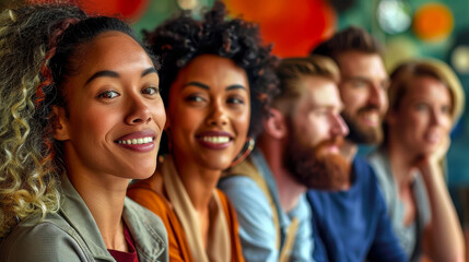 Obraz premium Diverse and Smiling Office Colleagues at Team Building Workshop, Workplace Inclusivity, Daytime, Positive Mood, Racial Diversity, Professional Setting