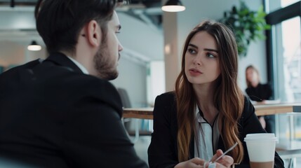 Fototapeta premium The perfect fusion of work and fashion: The transformation and discussion of office dress style, the hot discussion near the notebook: The everyday communication moments of the workplace elite