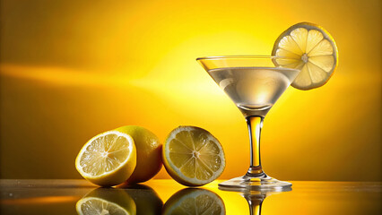 Freshly squeezed lemon slice garnish floats in a chilled martini glass filled with crystal clear cocktail, set against a bright and sunny yellow background.