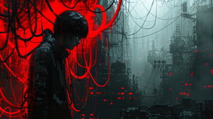 Futuristic Man Entangled in Black Cables in Dark Factory Setting, Digital Art Illustration with Red and Grey Tones, Cyberpunk Technology Concept, Nighttime Industrial Mood, Surreal Dystopian Future