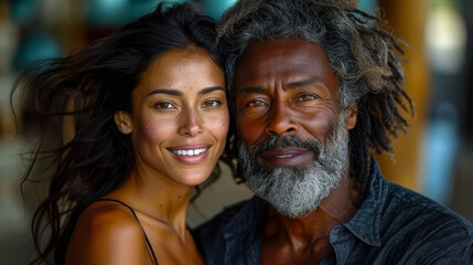 Interracial Mature Couple in Love, African American Man and Asian Woman Embracing Outdoors, Natural Light, Affection and Happiness