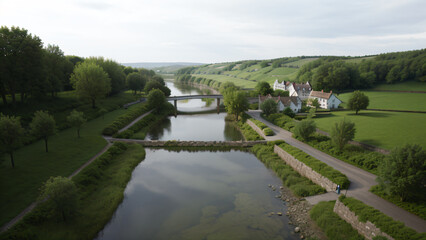 Fototapeta premium Serene Riverfront Village with Stone Cottages and Bridge