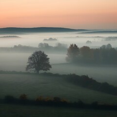 Fototapeta premium Describe a foggy morning in a rural area as autumn sets in. How does the mist envelop the landscape, and what sense of mystery or tranquility does it create