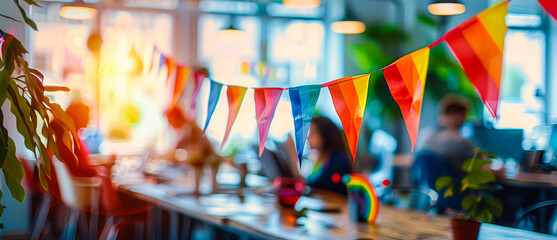 Creative Office Celebrating Pride Month with Rainbow Bunting and LGBTQ+ Flags, Vibrant Inclusive Workspace Promoting Diversity, Positive Business Culture, Daytime Professional Environment