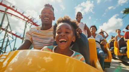 Obraz premium Happy Family Riding Roller Coaster at Amusement Park