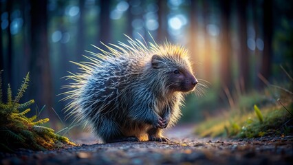 A solitary porcupine stands out against a dark forest backdrop at dusk, its quills illuminated by low light settings, with ample copy space surrounding it.