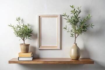 "Sleek white wall backdrop showcases two floating shelves adorned with a textured vase holding olive tree branches, old books, and a blank wooden picture frame, evoking modern Mediterranean elegance."