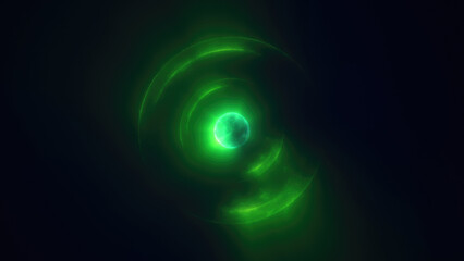 Abstract green bright glowing background with a sphere core atom energy burning ball circle made of waves of energy rays and plasma with light