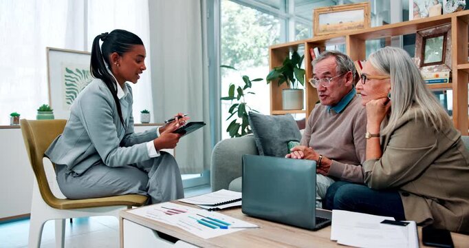 Home, old couple and financial advisor with tablet, conversation and planning for savings, invest and budget. Apartment, broker and agent with mature man, senior woman and paperwork with tech or talk