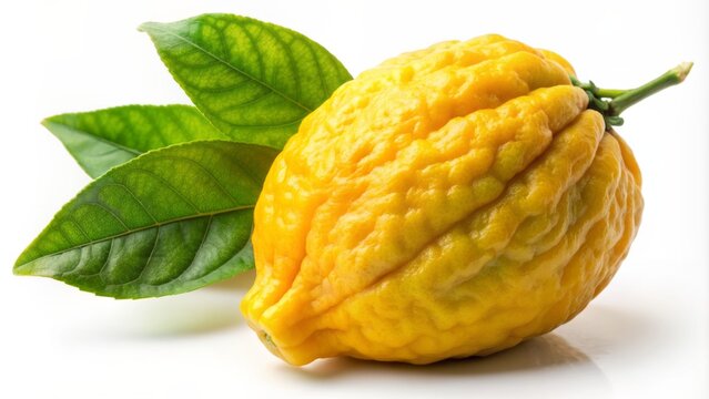 Vibrant yellow citrus fruit etrog with deep green leaves and intricate stem, isolated on a pure white background, symbolizing abundance and gratitude.