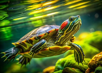 Fototapeta premium Vibrant red-eared slider turtle swims in a lush green aquatic environment, its bright yellow stripes and red accents standing out against the calm water backdrop.
