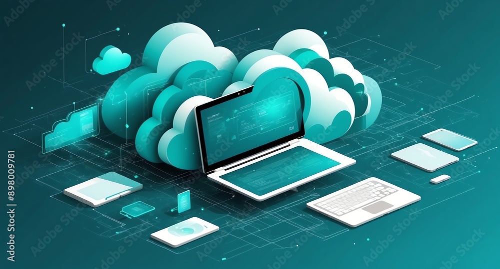 Poster teal theme cloud computing infrastructure concept tech technology abstract background with copy spac