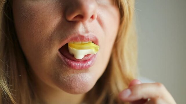 Close up of Caucasian woman bites appetizing candy jelly over grey background. Sweet tooth concept. Beautiful pink lips with a piece of sweet candy. High quality FullHD footage