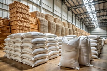 Stack of white bag in the warehouse. Large sacks of grain are stacked in the warehouse..