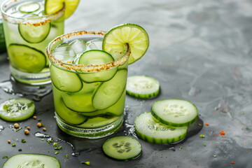 Cucumber margarita with lime and spicy rim, refreshing spring cocktail with copy space