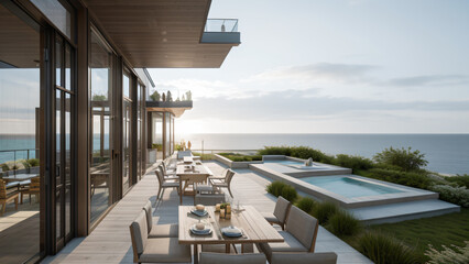 Fototapeta premium Modern Beachfront Terrace with Infinity Pool and Ocean Views