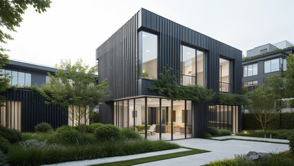 Fototapeta premium Modern Black House with Courtyard and Green Facade