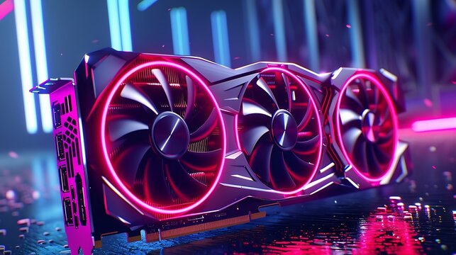Powerful graphics card with triple fans and vibrant RGB lighting in a high end gaming PC setup detailed side view highlighting advanced cooling technology and stunning visual aesthetics for gamers