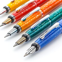A close-up of five colorful pens with sparkling designs useful for themes of creativity, stationery, and school supplies,