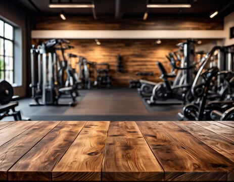 Empty wooden desk with abstract blur and defocused fitness sport equipment in gym room interior